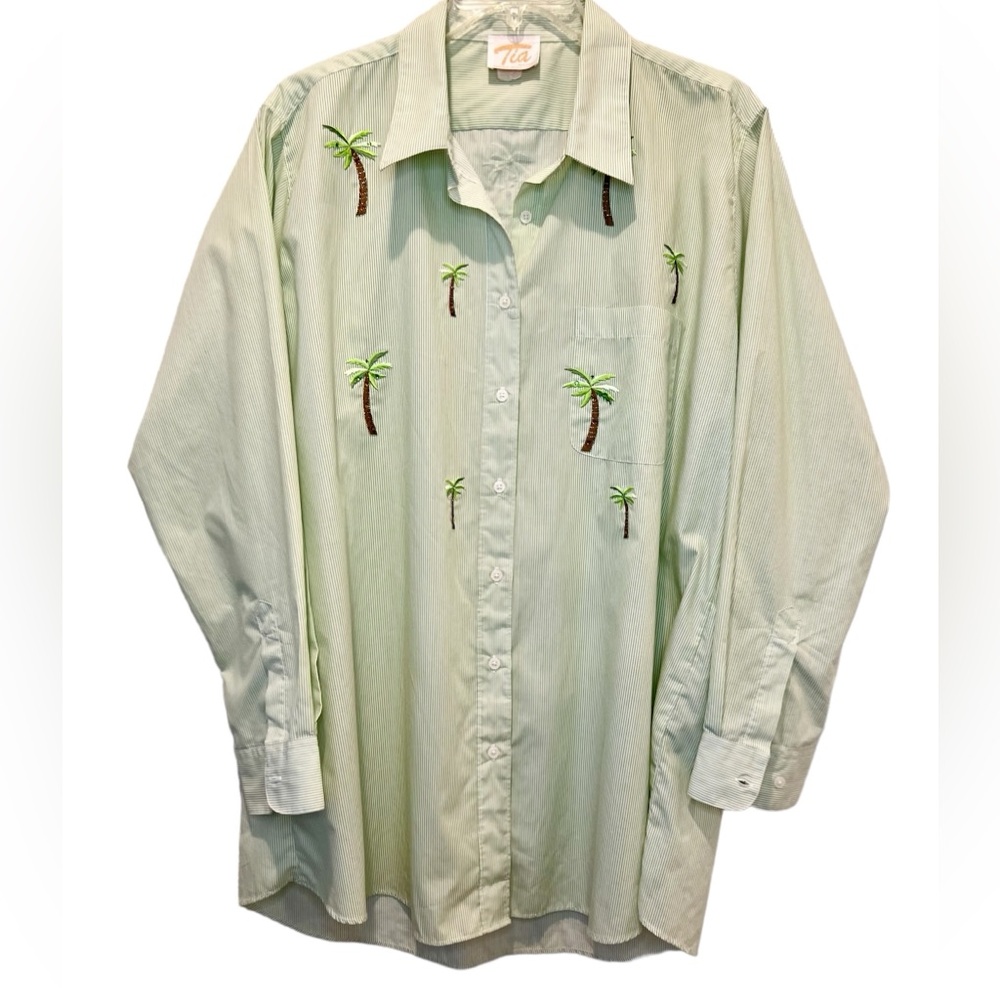 Green White Striped Button Front Shirt Embroidered Beaded Palm Trees Size 3X